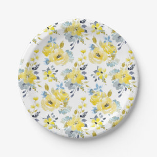 Assiettes En Carton Aquarelle Motif Floral Jaune