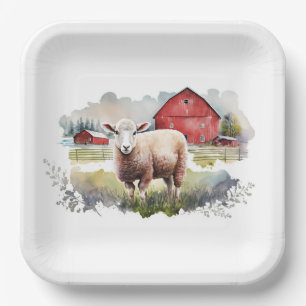 Assiettes En Carton Aquarelle Mouton Avec Grange Rouge