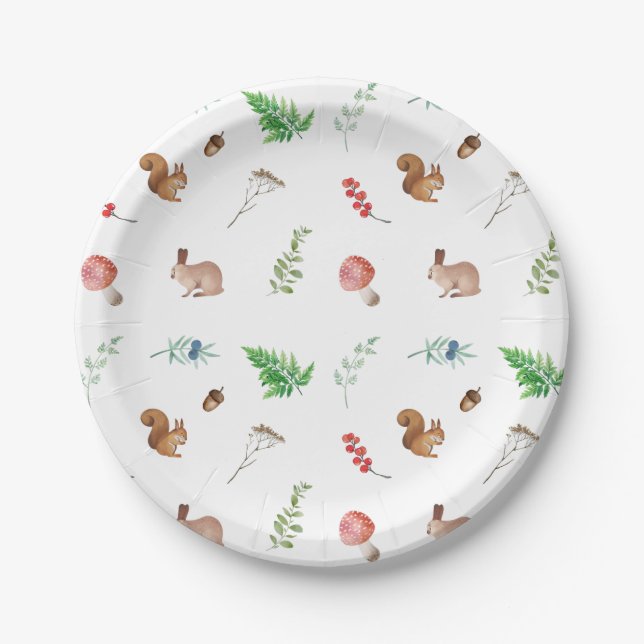 Assiettes En Carton Aquarelle Nature Forêt Animaux, Plante (Devant)