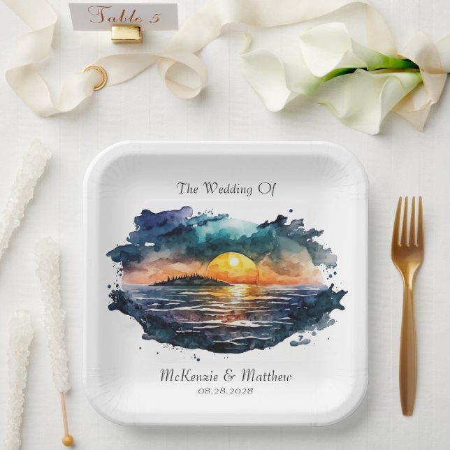 Assiettes En Carton Aquarelle Nautical Beach Scene Mariage (Mariage)