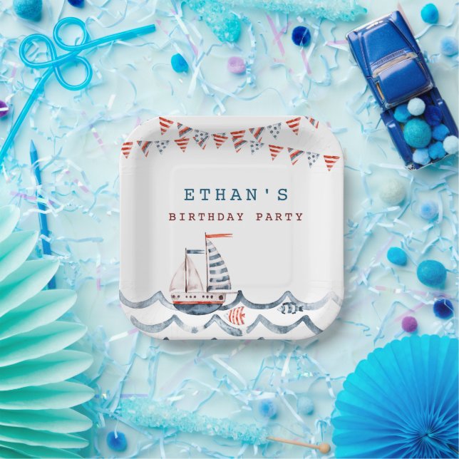 Assiettes En Carton Aquarelle Nautique Anniversaire Monogramme (Fête)