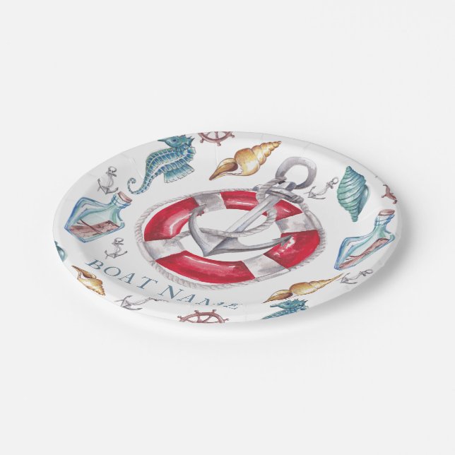 Assiettes En Carton Aquarelle nautique Nom du bateau Personnalisé (Angle)