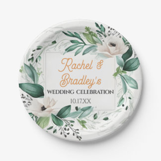 Assiettes En Carton Aquarelle neutre Mariage floral cadre de verdure