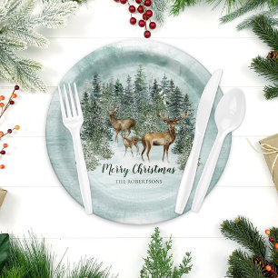 Assiettes En Carton Aquarelle Noël Forêt rustique Bois Cerf