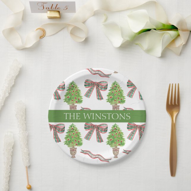 Assiettes En Carton Aquarelle Noël Plaid Bow & Topiary (Mariage)