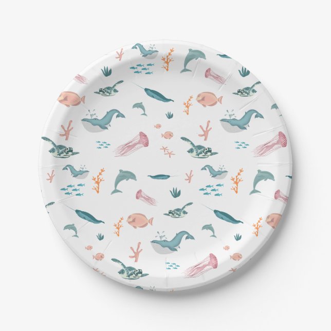 Assiettes En Carton Aquarelle Océan Motif d'animaux marins (Devant)