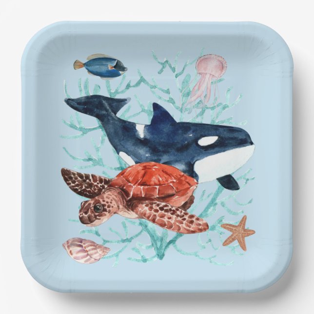 Assiettes En Carton Aquarelle Océan Vie et Créatures Aquatique Bleu (Recto)