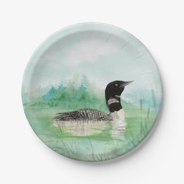 Assiettes En Carton Aquarelle Oiseau commun Loon Nature Art (Devant)