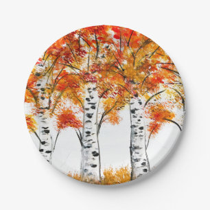 Assiettes En Carton Aquarelle Oiseaux Arbres Automne Orange Feuille