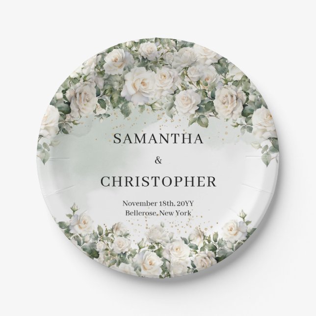 Assiettes En Carton Aquarelle opulente blanc roses vert or mariage (Devant)