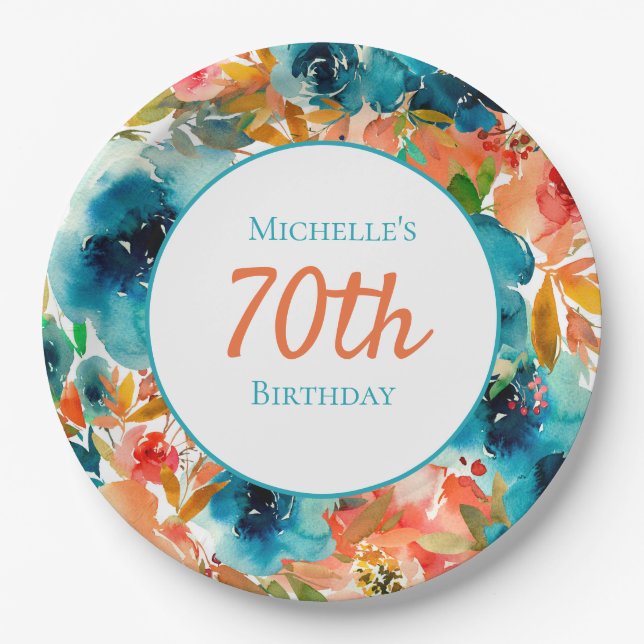 Assiettes En Carton Aquarelle orange turquoise Florale 70e anniversair (Devant)