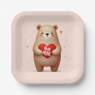 Assiettes En Carton Aquarelle Ours Coeur rouge xoxo Saint Valentin