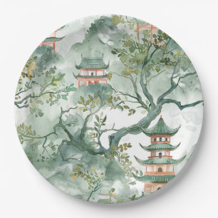 Assiettes En Carton Aquarelle Pagode asiatique dans paysage verdoyant 