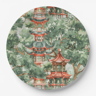 Assiettes En Carton Aquarelle Pagode asiatique dans paysage verdoyant