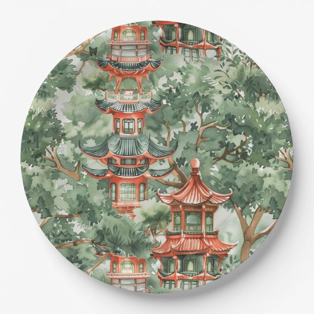 Assiettes En Carton Aquarelle Pagode asiatique dans paysage verdoyant  (Devant)