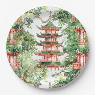 Assiettes En Carton Aquarelle Pagode asiatique dans paysage verdoyant 