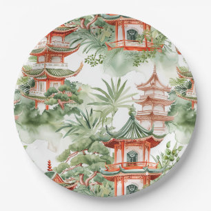 Assiettes En Carton Aquarelle Pagode asiatique dans paysage verdoyant