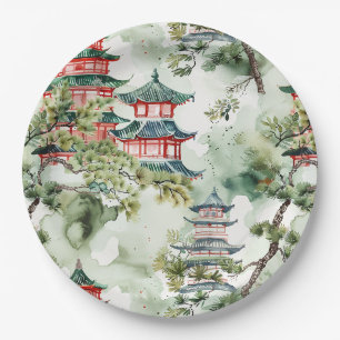 Assiettes En Carton Aquarelle Pagode asiatique dans paysage verdoyant 