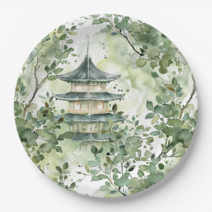Assiettes En Carton Aquarelle Pagode asiatique dans paysage verdoyant 