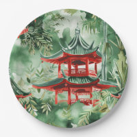 Aquarelle Pagode asiatique dans paysage verdoyant 