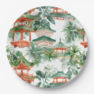 Assiettes En Carton Aquarelle Pagode asiatique dans paysage verdoyant