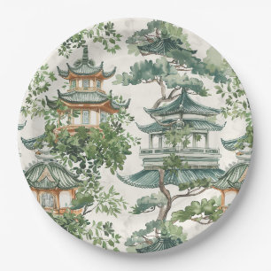 Assiettes En Carton Aquarelle Pagode asiatique dans paysage verdoyant 