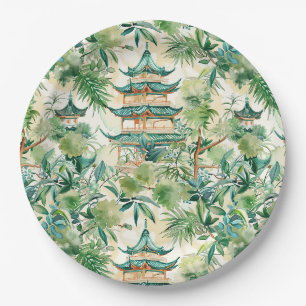 Assiettes En Carton Aquarelle Pagode asiatique dans paysage verdoyant 