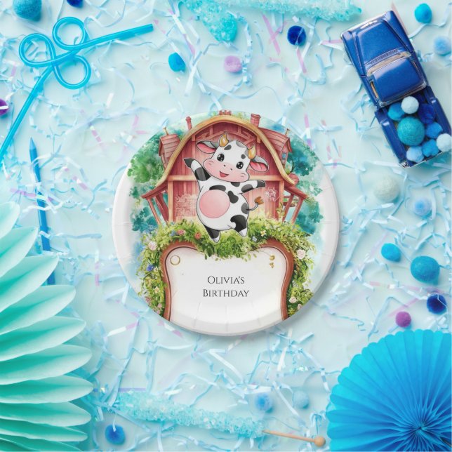 Assiettes En Carton Aquarelle Pastel Cow Anniversaire (Fête)