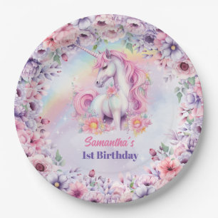 Assiettes En Carton Aquarelle Pastel rose Unicorn fille Anniversaire
