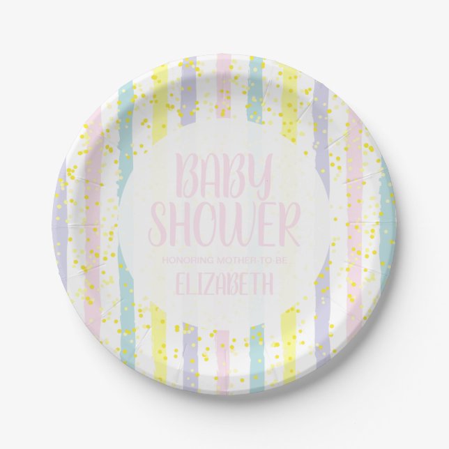 Assiettes En Carton Aquarelle Pastel Stripes Baby shower fille (Devant)