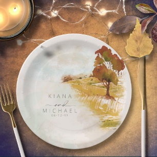 Assiettes En Carton Aquarelle Paysage Mariage Automne Gold ID786