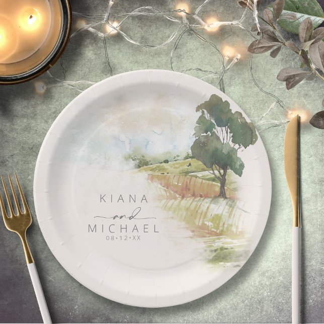 Assiettes En Carton Aquarelle Paysage Mariage Sage Green ID786 (Créateur téléchargé)