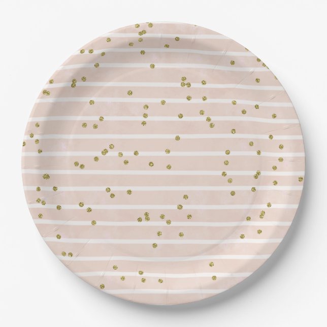 Assiettes En Carton Aquarelle Peach Stripe Or Polka Dot Confetti (Devant)