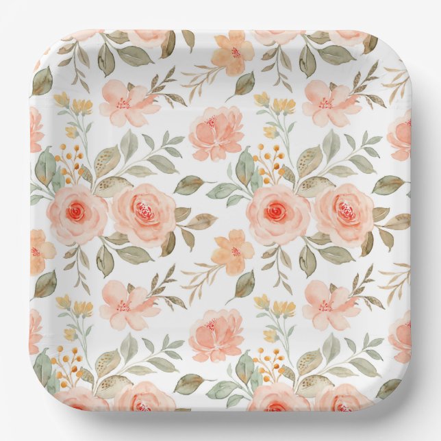Assiettes En Carton Aquarelle Pêche Florale Anniversaire Douche fête (Recto)