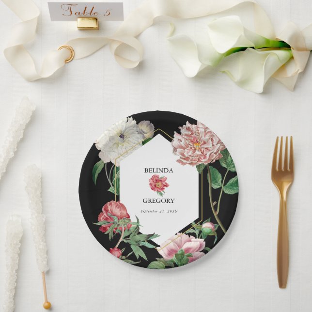 Assiettes En Carton Aquarelle Peonies rose Fleurs Mariage Noir (Mariage)