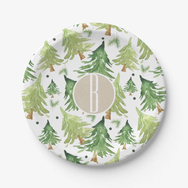 Assiettes En Carton Aquarelle Pine Arbres Moderne Rustique Kraft Party (Devant)