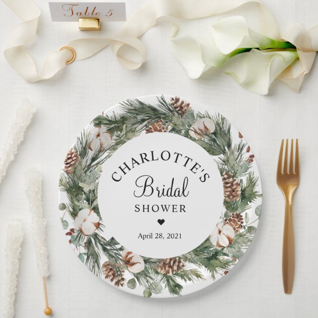 Assiettes En Carton Aquarelle Pine & Hiver Fête des mariées de verdure (Mariage)