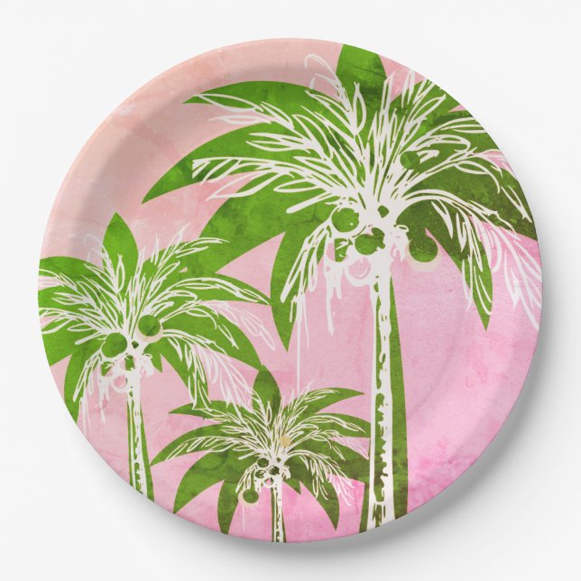 Assiettes En Carton Aquarelle Pink Green Palm Tree Preppy Ombre (Devant)