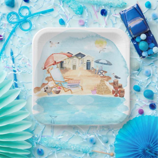 Assiettes En Carton Aquarelle Plage Côtière (Fête)