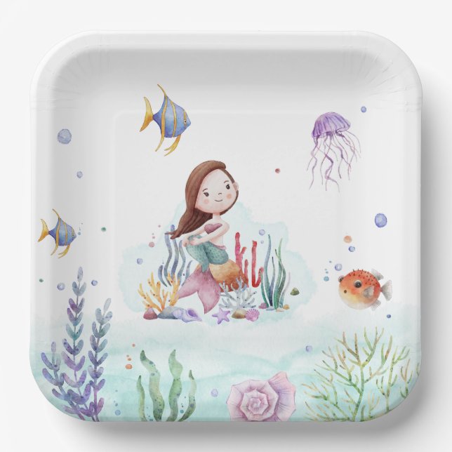 Assiettes En Carton Aquarelle Plaques en papier Vie marine sirène (Recto)