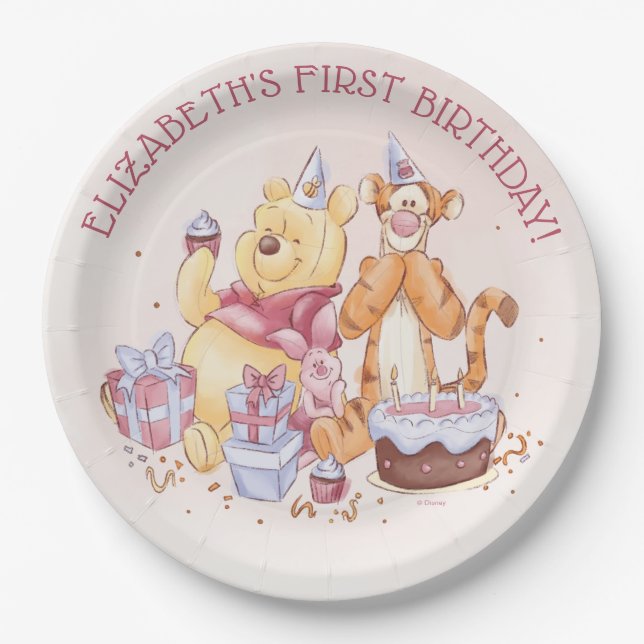 Assiettes En Carton Aquarelle Pooh & Friends | Premier anniversaire (Devant)