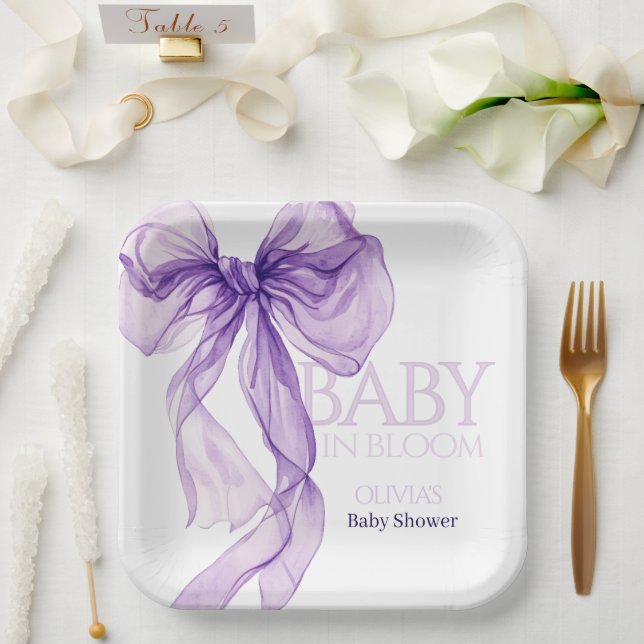 Assiettes En Carton Aquarelle pourpre Bow bébé dans le Baby shower en  (Mariage)