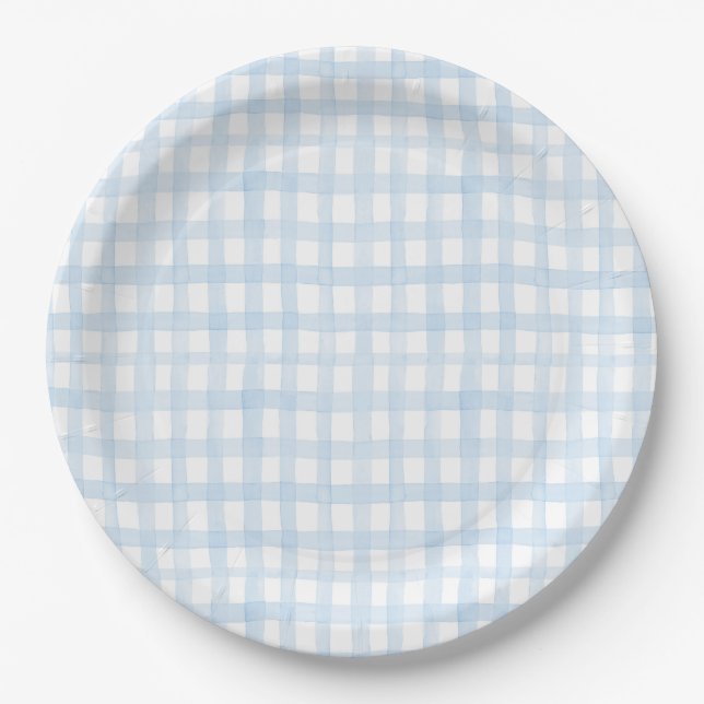 Assiettes En Carton Aquarelle Preppy En vichy bleu (Devant)