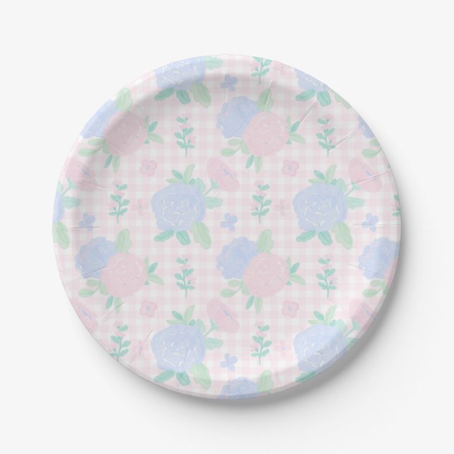 Assiettes En Carton Aquarelle Preppy Floral En vichy Anniversaire (Devant)