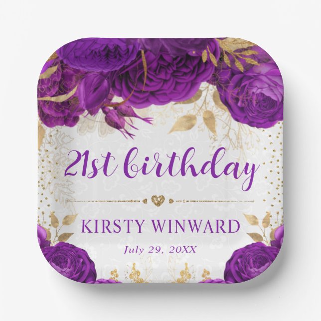 Assiettes En Carton Aquarelle Purple et Fleurs d'or Anniversaire (Recto)