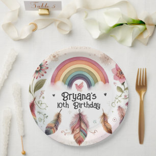 Assiettes En Carton Aquarelle Rainbow Bird & Feathers Boho Birthday
