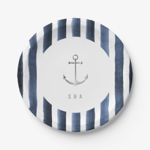 Assiettes En Carton Aquarelle rayures marine avec ancre mariage plage