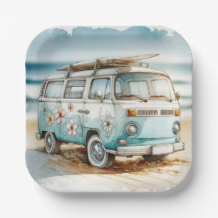 Assiettes En Carton Aquarelle Retro Campervan Avec Surf