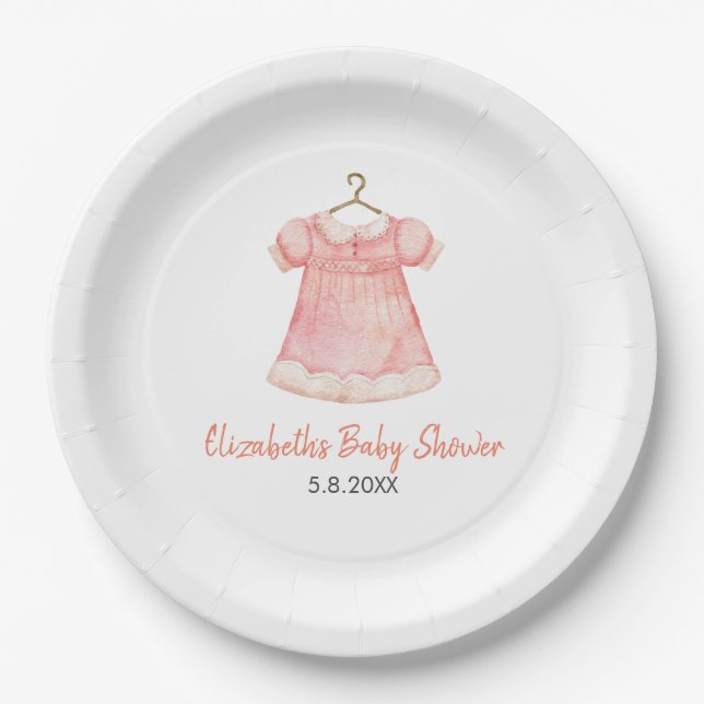 Assiettes En Carton Aquarelle Robe rose Baby shower Plaque en papier (Devant)