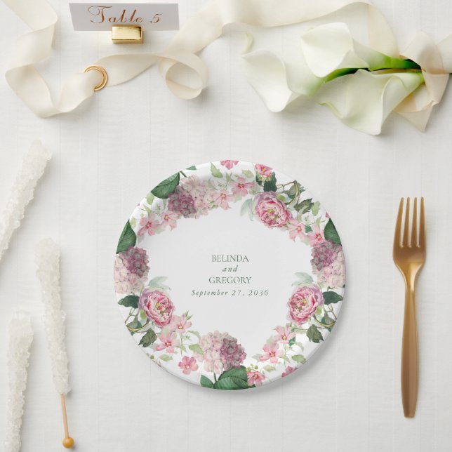 Assiettes En Carton Aquarelle romantique Fleurs roses Mariage de jardi (Mariage)